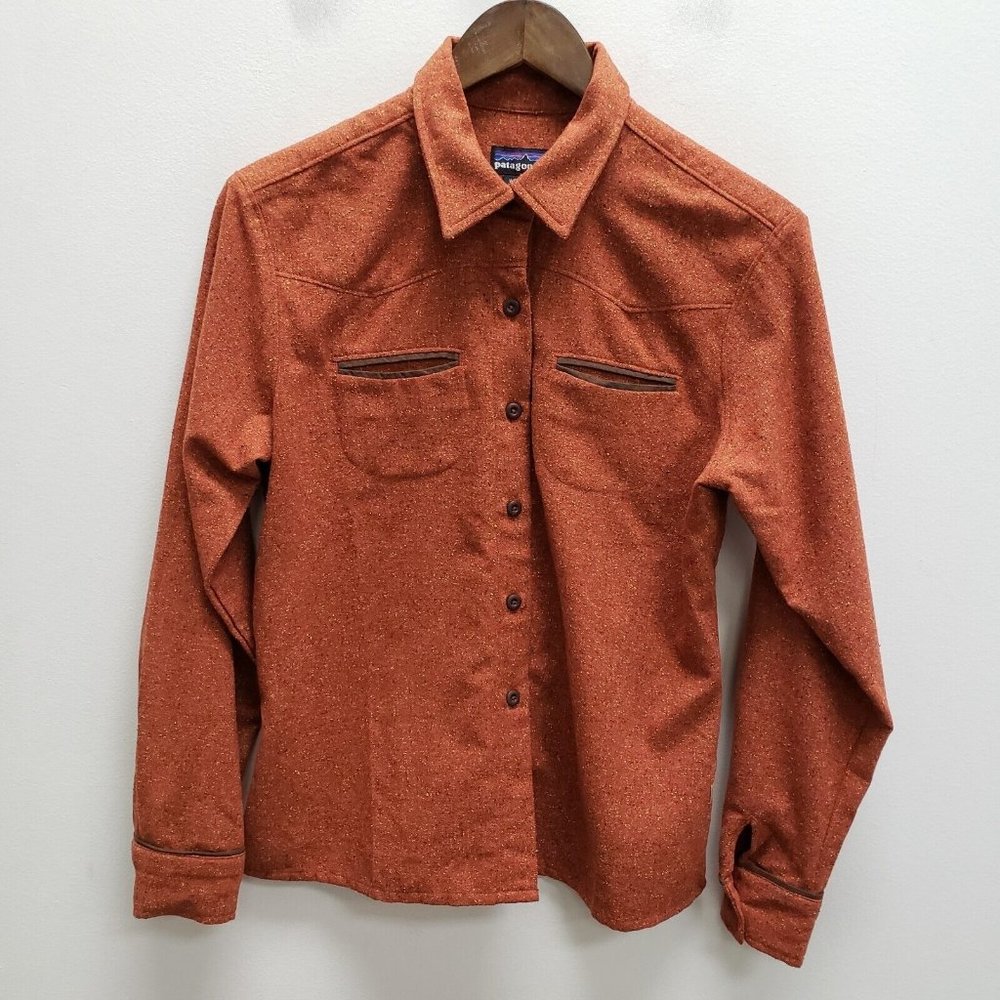 Patagonia Womens Wool Silk Blend Button Up Shirt Size 8 Orange Collar Pockets